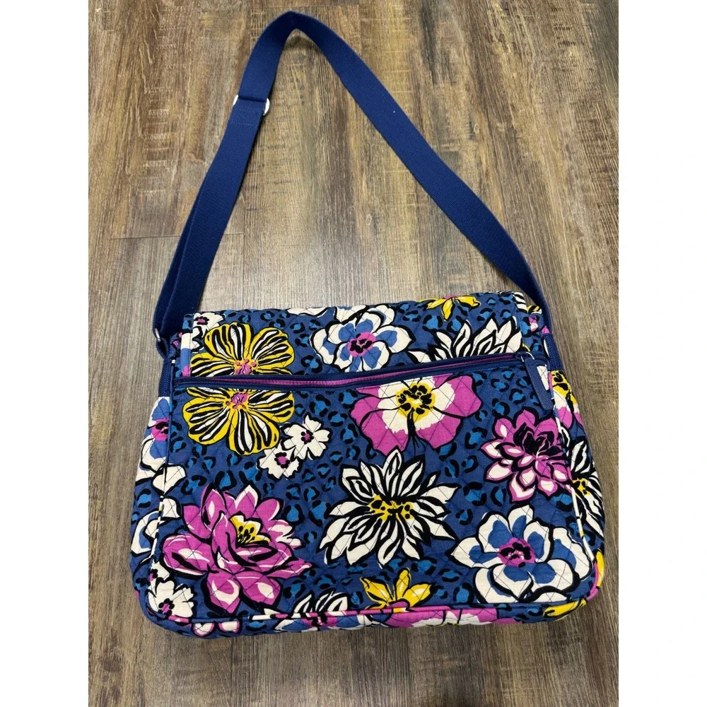 Vera Bradley Floral Leopard Quilted Cotton Messenger Bag Blue Pink Crossbody